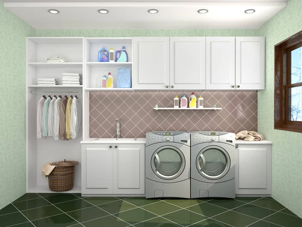 Laundry room design with washing machine. 3d illustration — Stock Photo, Image