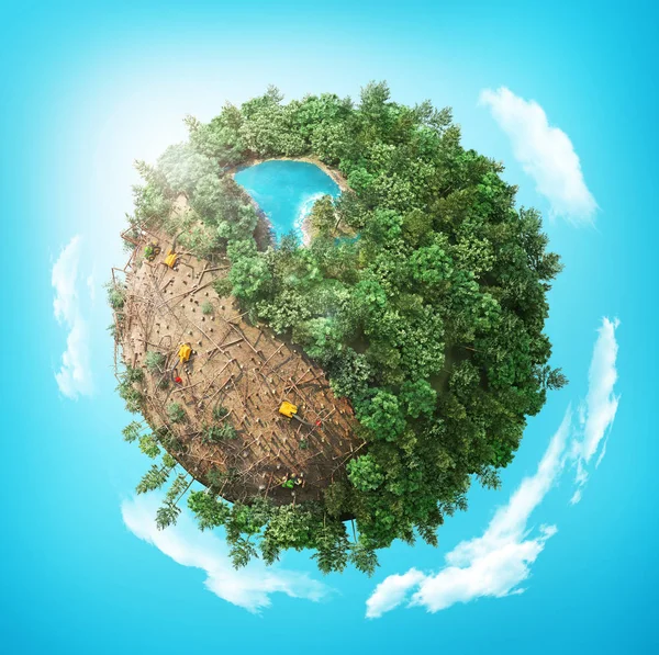 Abbattere un albero. Il concetto di ecologia. Ceppi nel pianeta. Illustrazione 3d — Foto Stock
