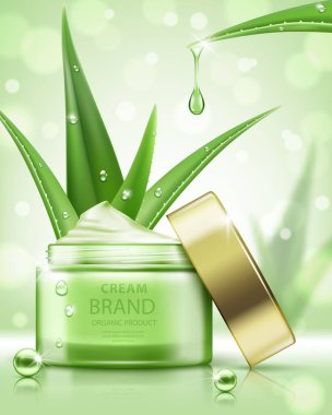 Kozmetik reklamlar şablonu, bokeh arka plan üzerinde izole aloe vera ile krem kavanoz. Gerçekçi vektör illüstrasyon