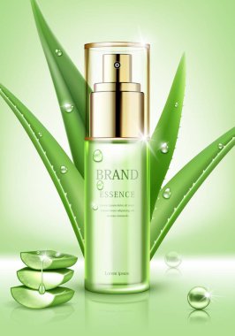 Cam şişede bulunan cilt bakım özü. Vektör çizimi