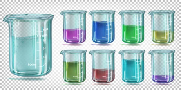 Set Glas Chemikalienbecher mit farbiger Flüssigkeit. Vektorbilder iso — Stockvektor