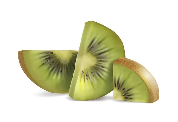 Fruto Kiwi cortado em pedaços. Ilustração realista vetorial sobre fundo branco . — Vetor de Stock