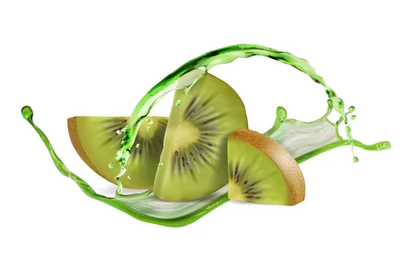 Kiwi en rodajas con un spray de jugo. Ilustración realista vectorial sobre fondo blanco . — Vector de stock