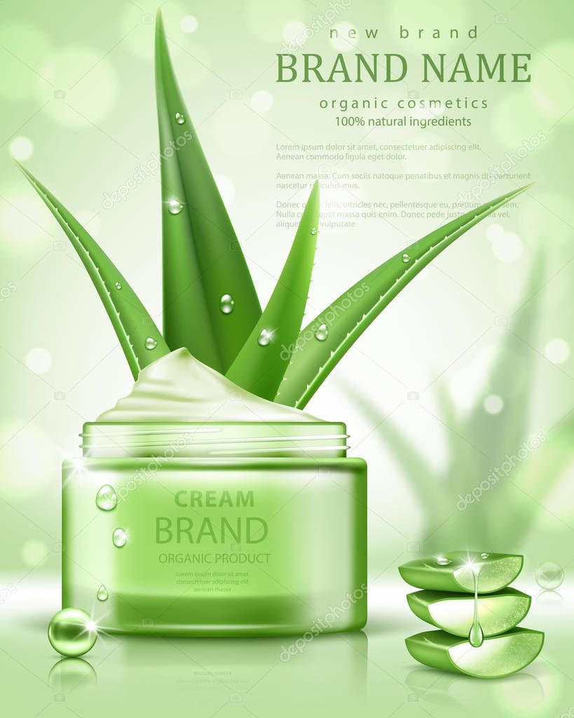 Cosmetic ads template, cream jar with aloe vera isolated on bokeh background. Realistic vector illustration