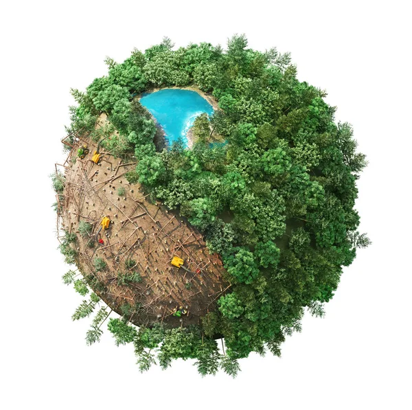 Κόβοντας το δέντρο. Οικολογία. Τα κούτσουρα στον πλανήτη. εικονογράφηση 3D — Φωτογραφία Αρχείου