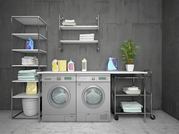 Laundry room design with washing machine loft style. 3d illustra — Stock Photo, Image