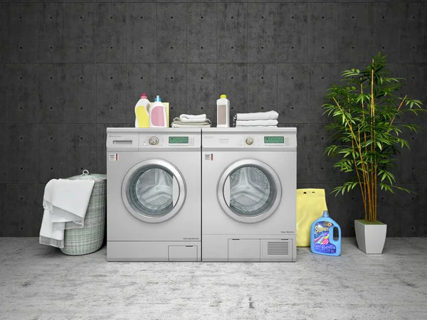 Design prádelny se stylem podkroví v pračce. 3D znázornění — Stock fotografie