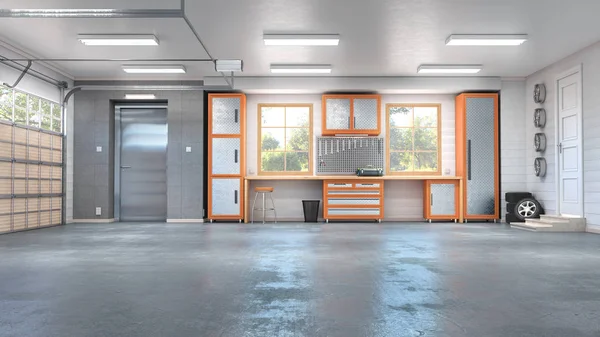 Garage met glooiende gate interieur. 3D illustratie — Stockfoto