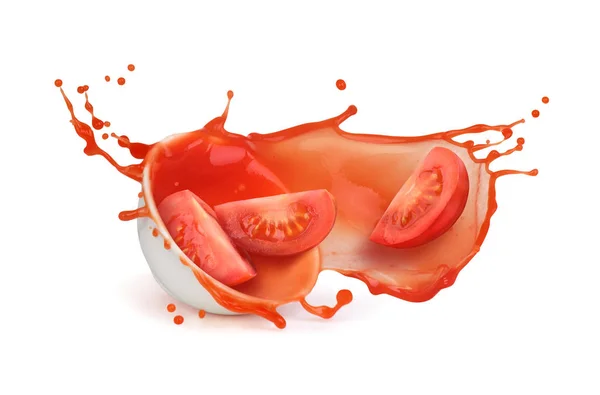 Ketchup med tomater som flyger ut ur plattan på vit bakgrund — Stockfoto