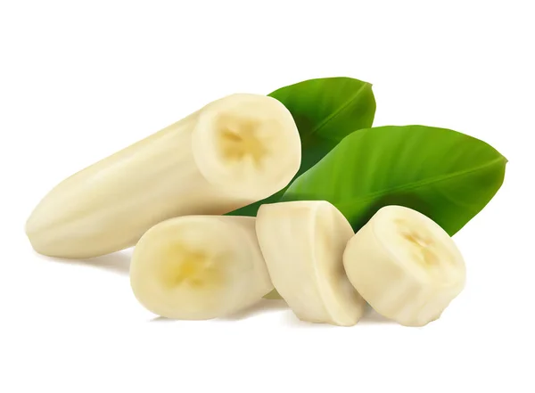 Banane in Scheiben geschnitten mit grünen Blättern. Vektor realistische Darstellung isoliert auf weißem Hintergrund. — Stockvektor