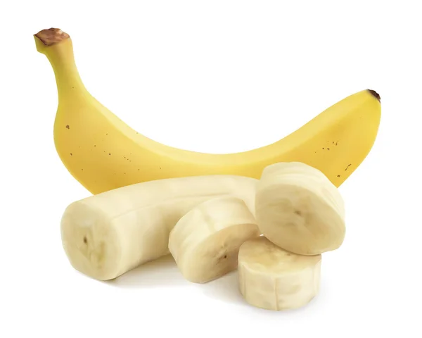 Vektor realistische Darstellung von Bananen. ganz und in Scheiben geschnitten? ? Banane auf Brocken auf weißem Hintergrund. — Stockvektor