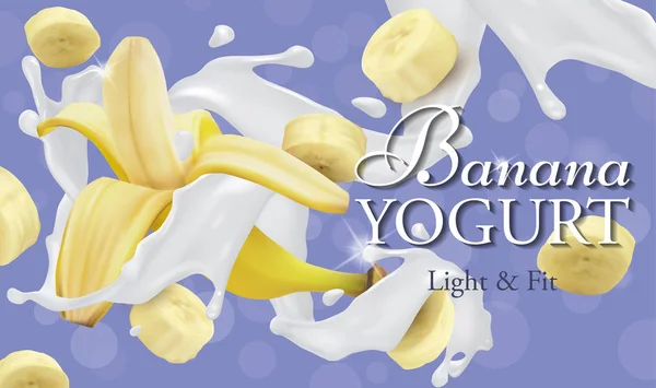 Šplouchání jogurtu s celým a plátky banánu. Realistické znázornění vektoru. Návrh štítků pro mléčné výrobky. — Stockový vektor