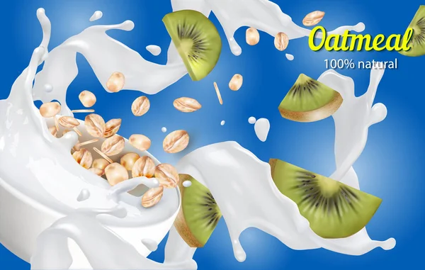 Harina de avena con kiwi y leche. Ilustración realista vectorial . — Archivo Imágenes Vectoriales