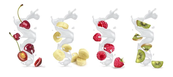 Набор молочных брызг или йогуртов с фруктами и ягодами. Векторная реалистичная иллюстрация на белом фоне . — стоковый вектор