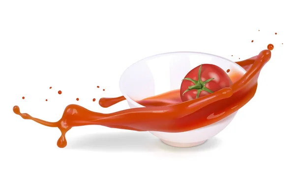 Sos pomidorowy Splash. Pomidor w białym garnka. Wektor realistyczna ilustracja na białym tle. — Wektor stockowy
