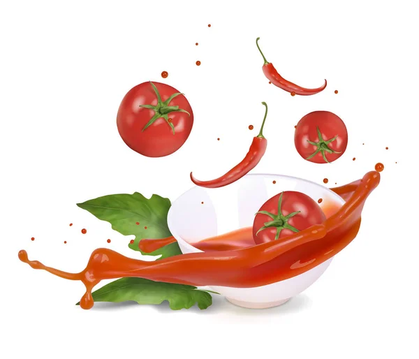 Pittige tomatensaus in een witte kom. Vector realistische illustratie. — Stockvector