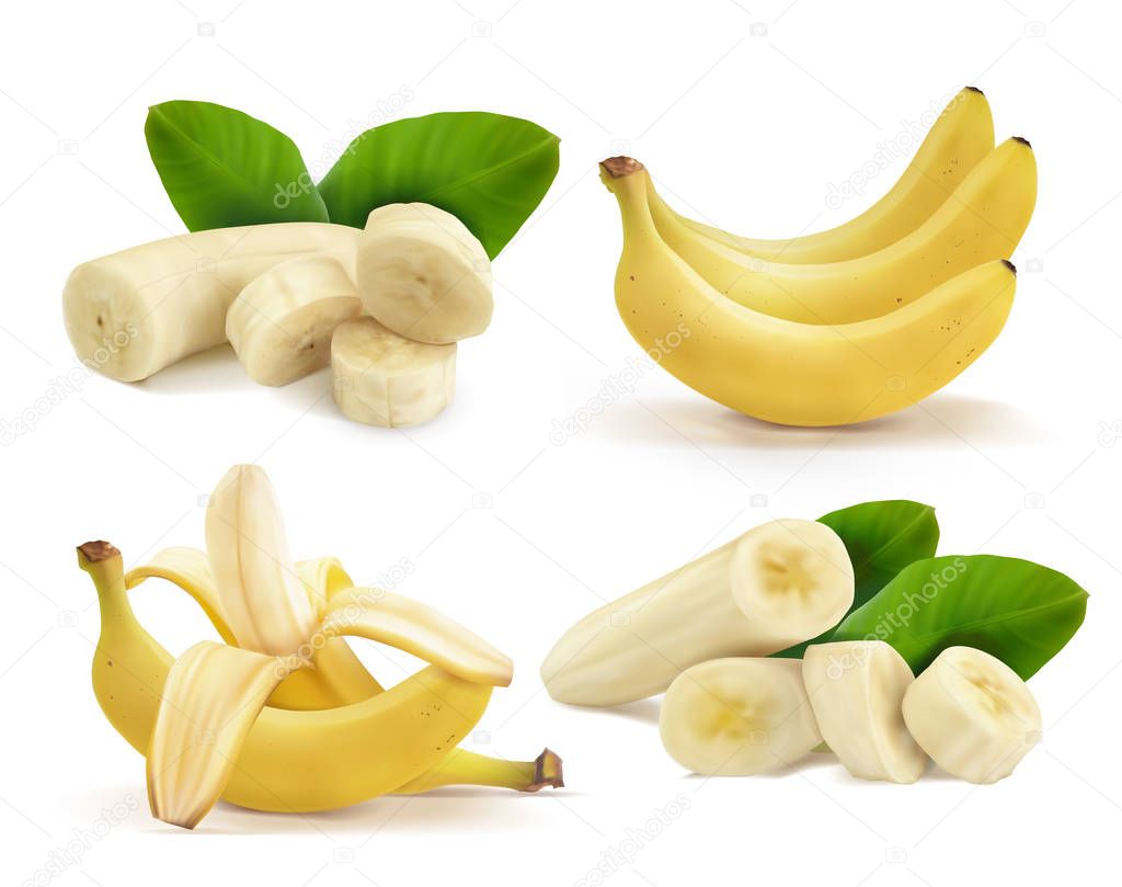 Banana set. Bananas whole and sliced with green leaves. Vector realistic illustration on white background.