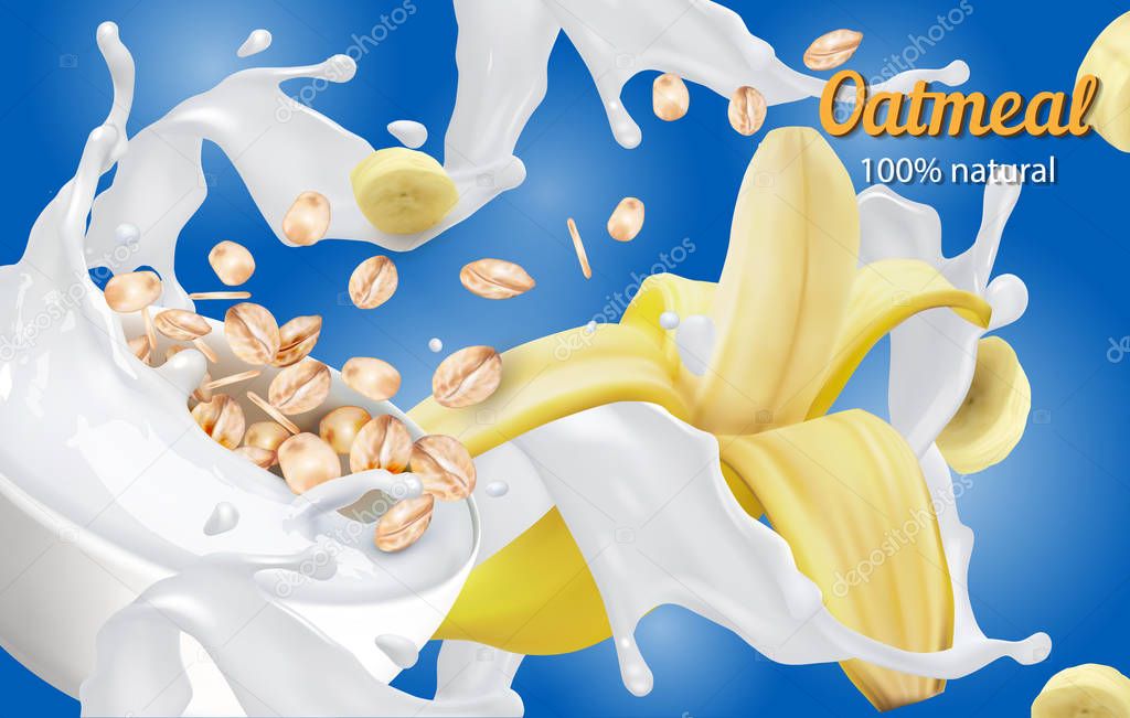 Oatmeal with milk and banana slices. Vector realistic illustration.