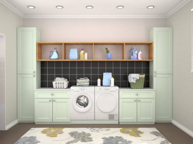 Çamaşır makinesi içeren çamaşır odası tasarımı. 3D çizim