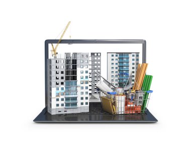 Taşınabilir bir bilgisayar, gökdelen bina, yapı malzemeleri ekranında inşaat sitesi. 3D çizim