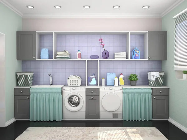 Návrh prádelny s pračkou. 3D ilustrace — Stock fotografie