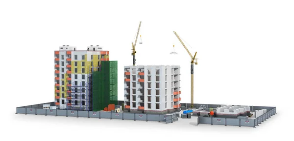 Gebäude. stufenweise Errichtung einer modernen Wohnanlage, isoliert auf weißem Hintergrund. 3D-Illustration — Stockfoto