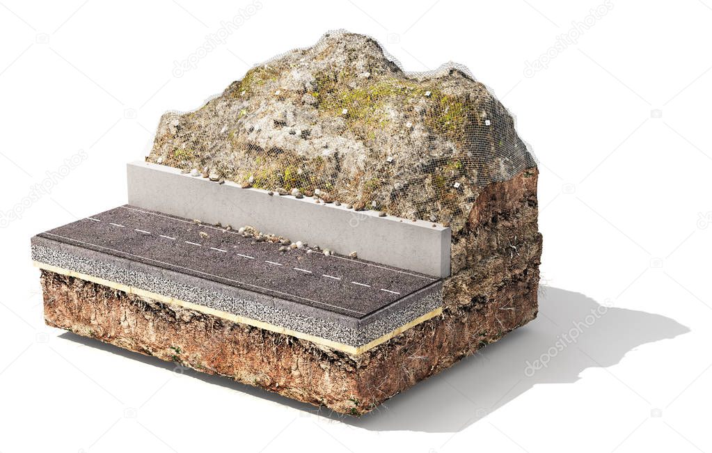 Road coat structure. Piece of road with layers. 3d illustration