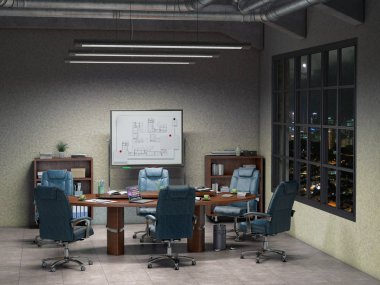 gece 3d illüstrasyon modern ofis iç