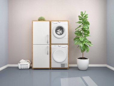 Çamaşır makinesi içeren çamaşır odası tasarımı. 3D çizim