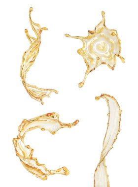 Beyaz bir arka planda izole elma suyu farklı sıçramaları ayarlayın. 3D çizim