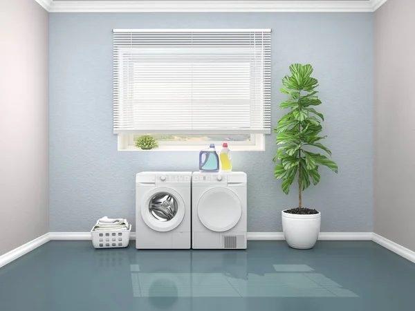 洗衣房设计, 配有洗衣机。3d 插图 — 图库照片