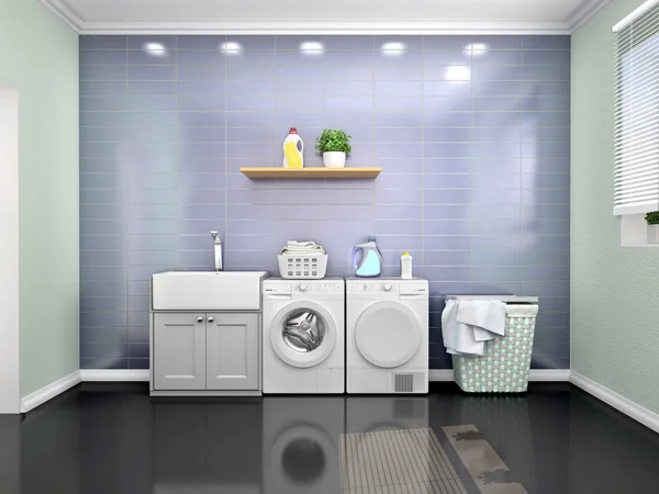 Tvätt stuga design med tvätt maskin. 3D-illustration — Stockfoto