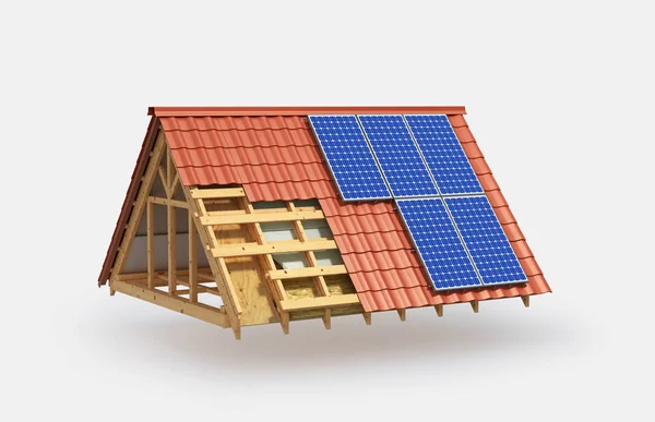 Edificio. Aislamiento del techo e instalación de paneles solares. ilustración 3d —  Fotos de Stock