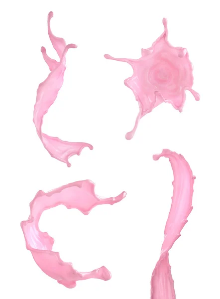 在白色背景上分离出的一组不同的草莓汁飞溅物。3d 插图 — 图库照片