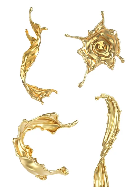 Conjunto de diferentes salpicaduras de oro aisladas sobre un fondo blanco. ilustración 3d — Foto de Stock