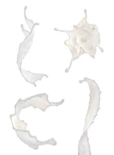 Ensemble de différentes éclaboussures de lait isolé sur un fond blanc. Illustration 3d — Photo