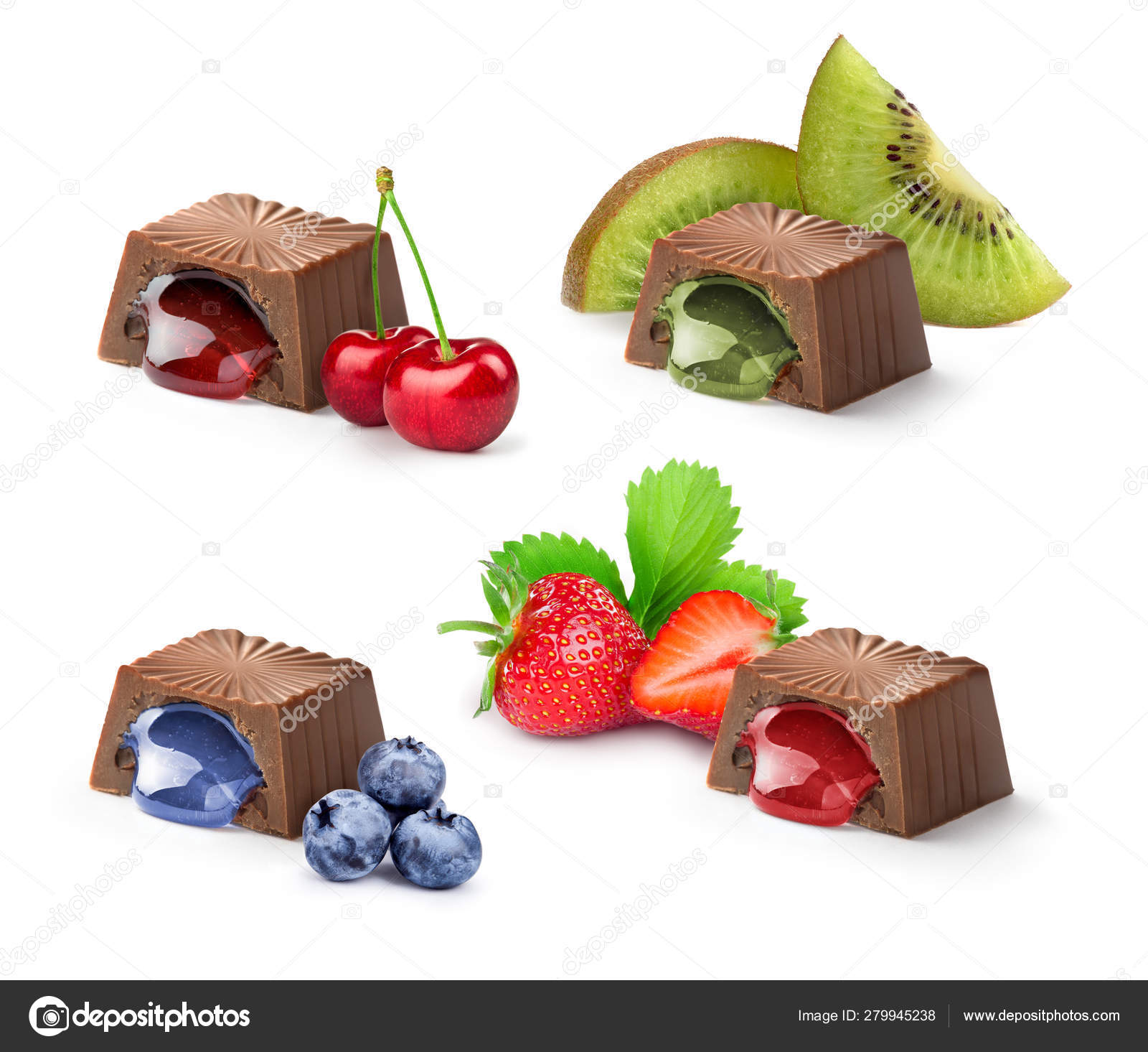 Un conjunto de chocolates con rellenos de frutas fotografía de stock © urfingus 279945238