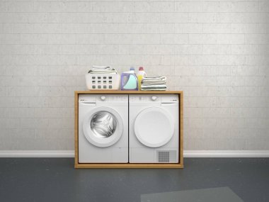 Çamaşır makinesi içeren çamaşır odası tasarımı. 3D çizim