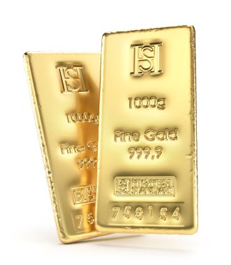 Altın çubuklar beyaz bir arka plan üzerinde izole. 3d illüstrasyon