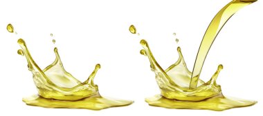 Zeytin ya da motor yağ sıçrama, beyaz arka plan üzerinde izole kozmetik serum sıvı. 3D çizim
