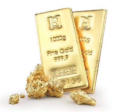 Beyaz arka planda külçe izolasyonlu altın külçeler. 3d illüstrasyon