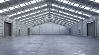 Hangar iç haddeleme kapıları ile. 3d illüstrasyon