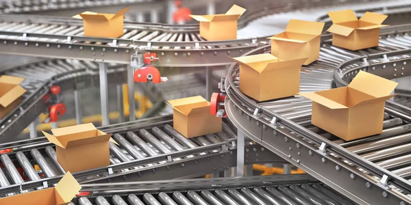 Blank conveyors on a blurred factory background. 3d illustration