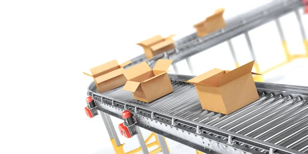 Conveyors with cardboard boxes on white background. 3d illustration — Stock Photo, Image