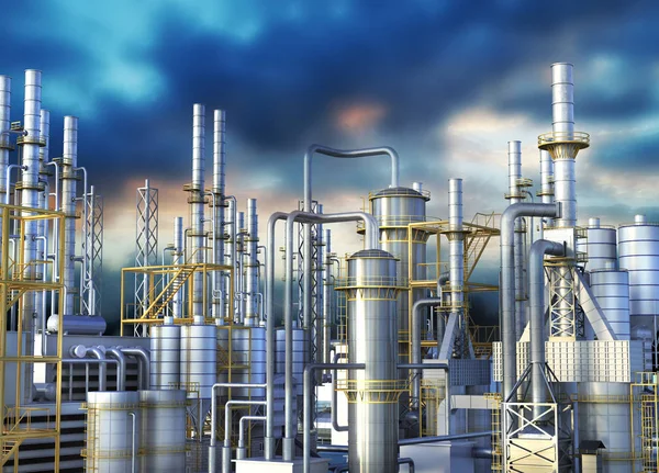 Трубопроводы нефтеперерабатывающего завода против темного неба. 3d иллюстрация — стоковое фото