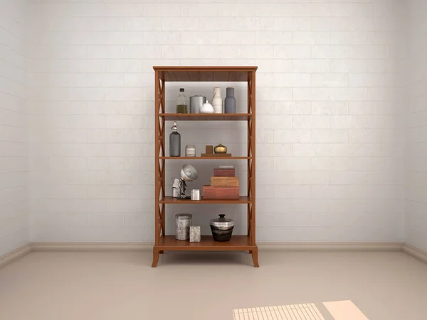 Ilustração de utensílios de cozinha 3d em prateleiras de madeira — Fotografia de Stock