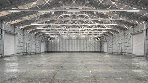 Interior do hangar com portões rolantes. ilustração 3d — Fotografia de Stock