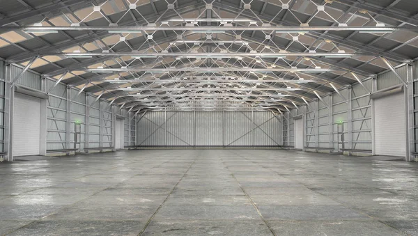 Hangar iç haddeleme kapıları ile. 3d illüstrasyon — Stok fotoğraf