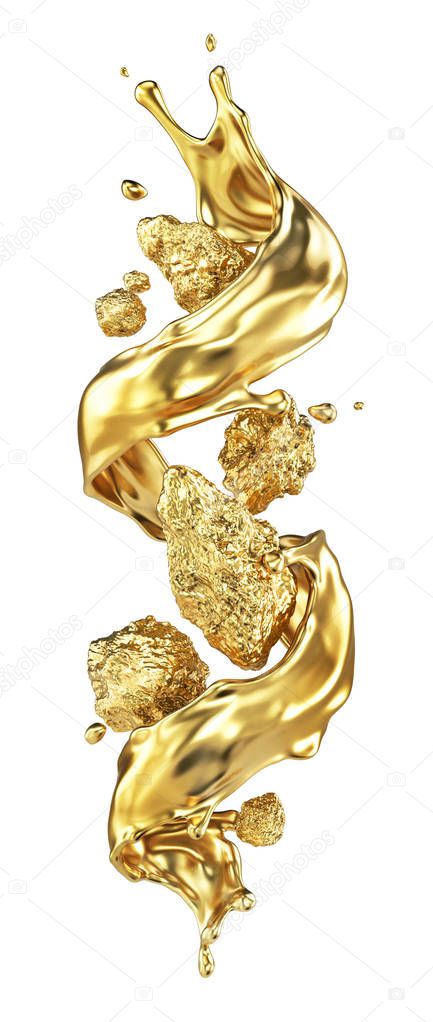 Gold splash around golden naggets isolation on a white background. 3d illustration