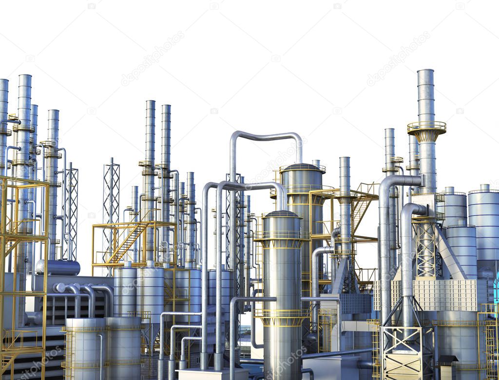 Pipelines of a oil and gas refinery industrial plant. 3d illustration